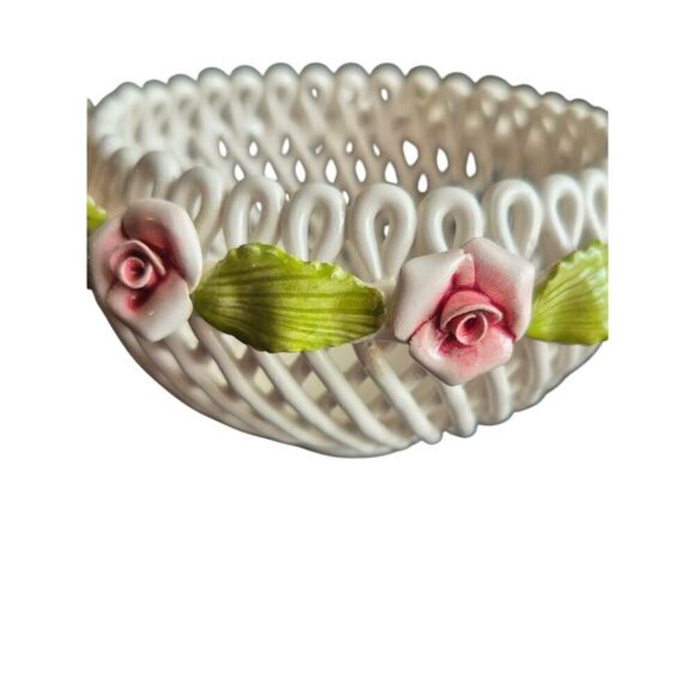Vintage White Porcelain Lattice Bowl Pink Roses Signed Acer Italy Trinket Candy‎